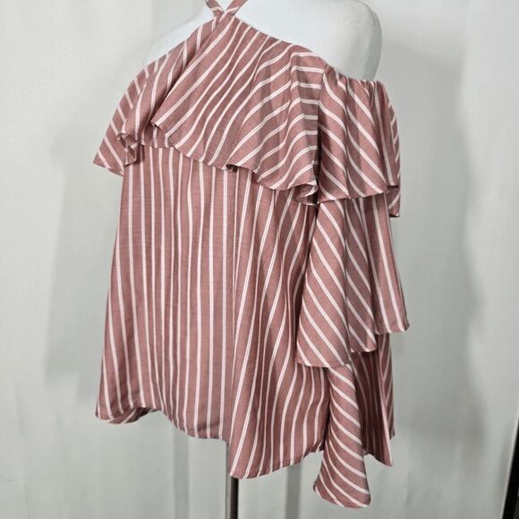 Express Ruffle Terracotta and White Long Sleeve Cold Shoulder Halter Top Small - Picture 2 of 8